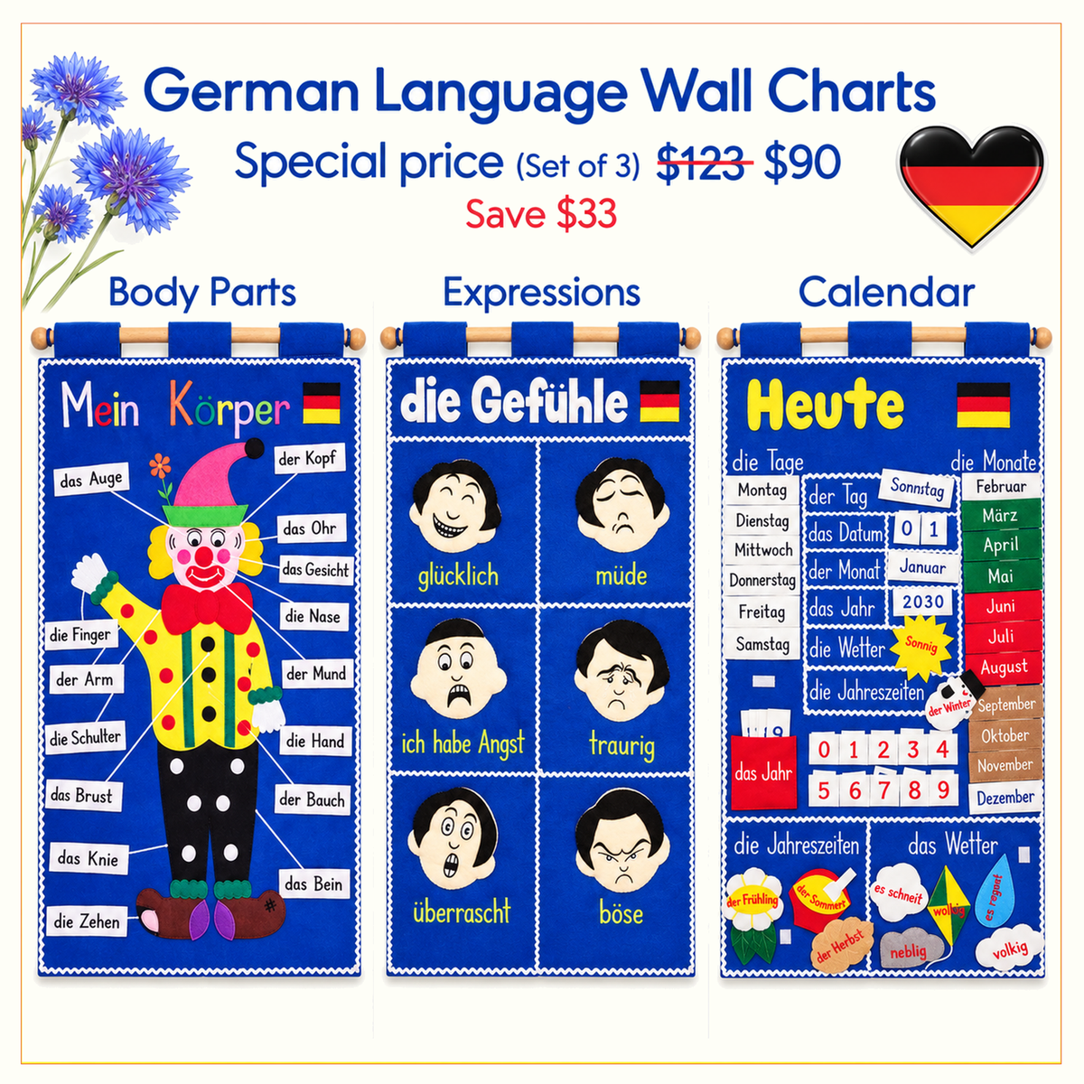 German Language - Fabric Wall Charts - 3 Set